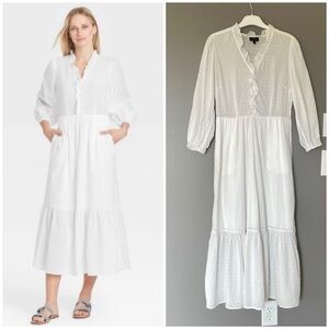 Who What Wear Ruffle Neck Tiered Swiss Dot Maxi Dress In White Size S EUC